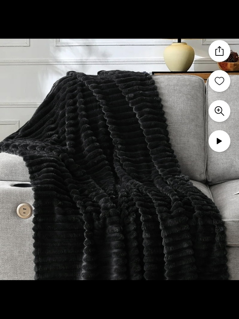 Black Plush Ribbed Throw Blanket - Black
